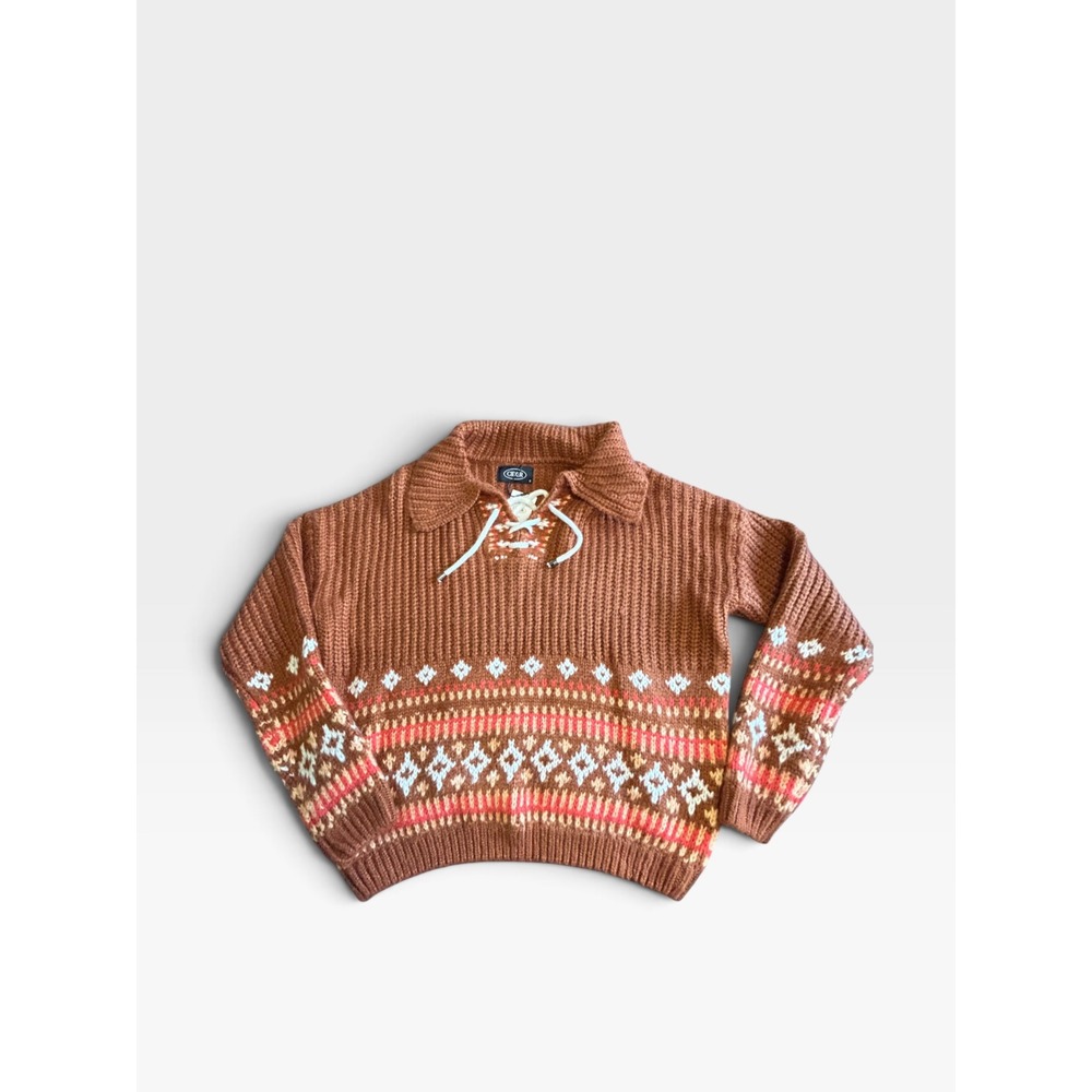 Cider Brown Fair Isle Lace Up Collar Sweater NWT Small
